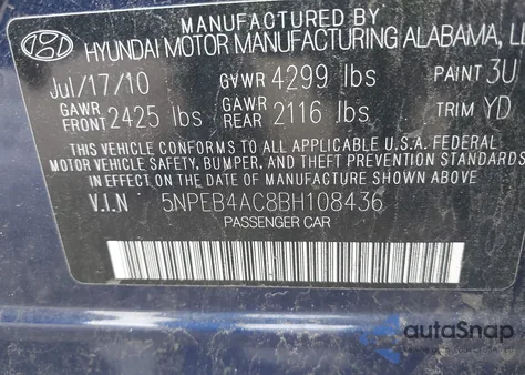 2011 Hyundai Sonata Gls z USA, uszkodzony, nr VIN 5NPEB4AC8BH108436